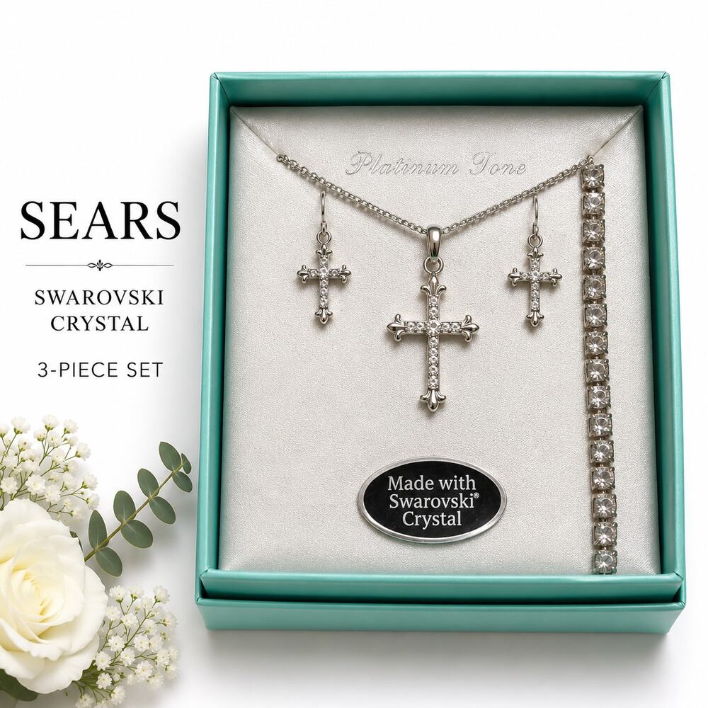 Swarovski Crystal Cross Necklace & Earrings Gift Set Silver Tone NIB